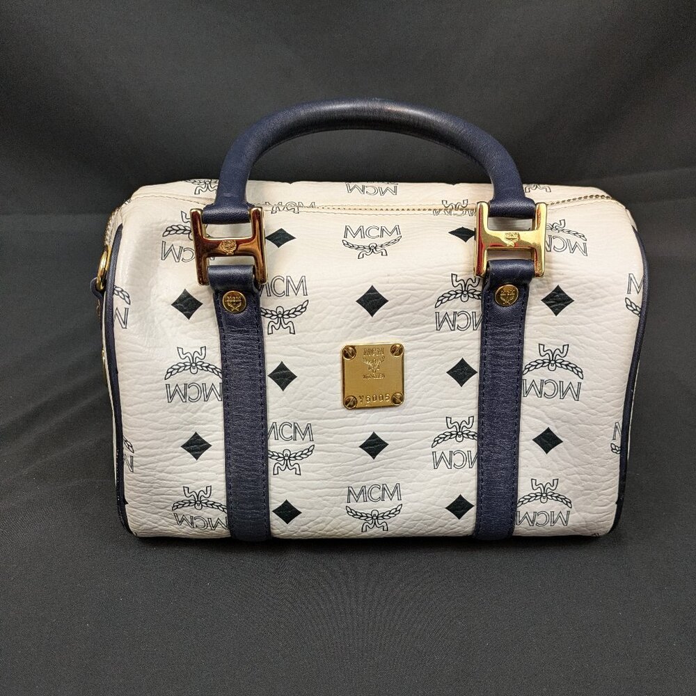 MCM Navy Blue and White Monogram Rare Boston Mini Top Handle Bag - Picture 9 of 14